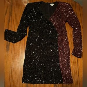 Long sleeve cocktail dress with maroon and black sequins